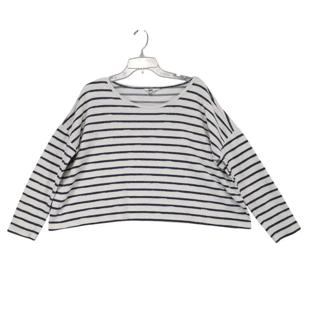 Jack by BB Dakota Women's L Oversized Cropped Navy Striped‎ Terrycloth Shirt Top